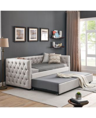 Daybed with Trundle Upholstered Tufted Sofa Bed with Button and Copper Nail on Square Arms both Twin Size Beige