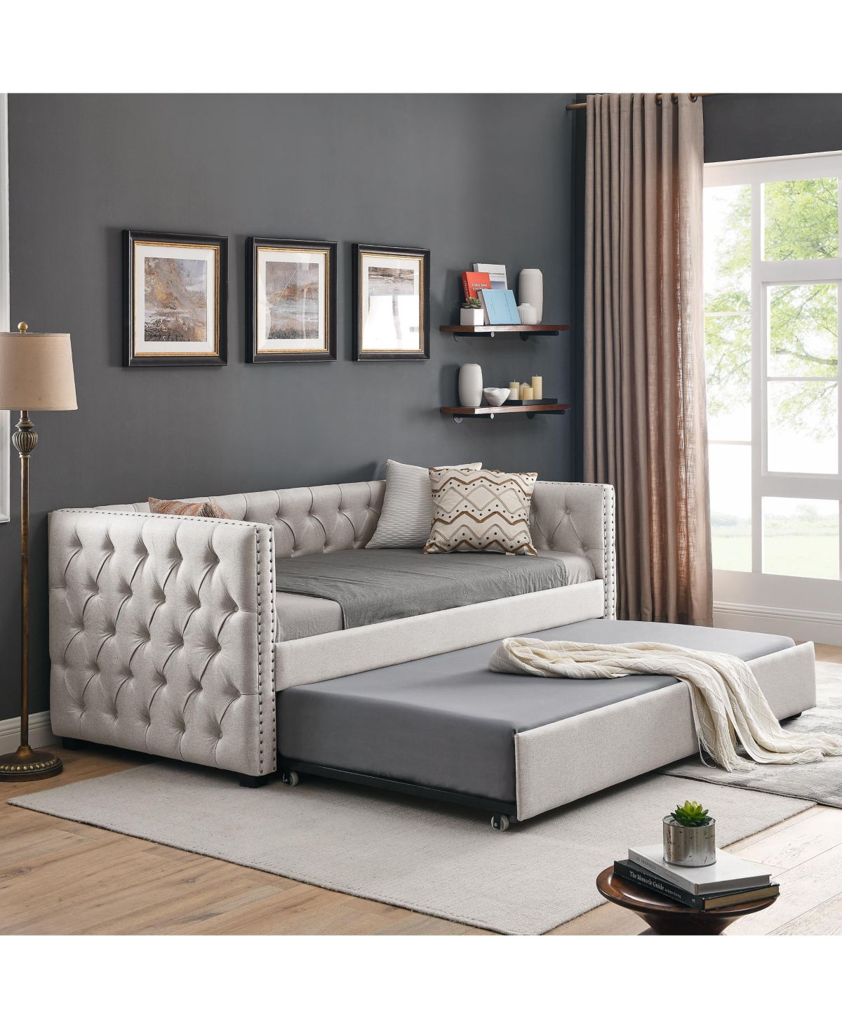 Lovmor Daybed with Trundle Upholstered Tufted Sofa Bed with Button and Copper Nail on Square Arms both Twin Size Beige