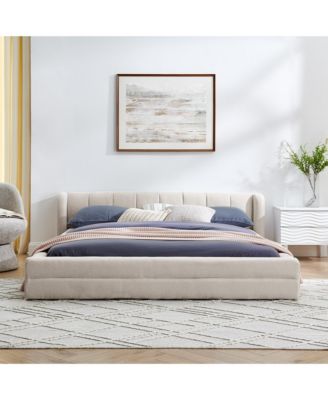 Queen Size Upholstered Bed Frame with Thick Fabric Chenille Fabric Grounded Queen Size Platform Bed with Headboard and Solid Frame-Beige