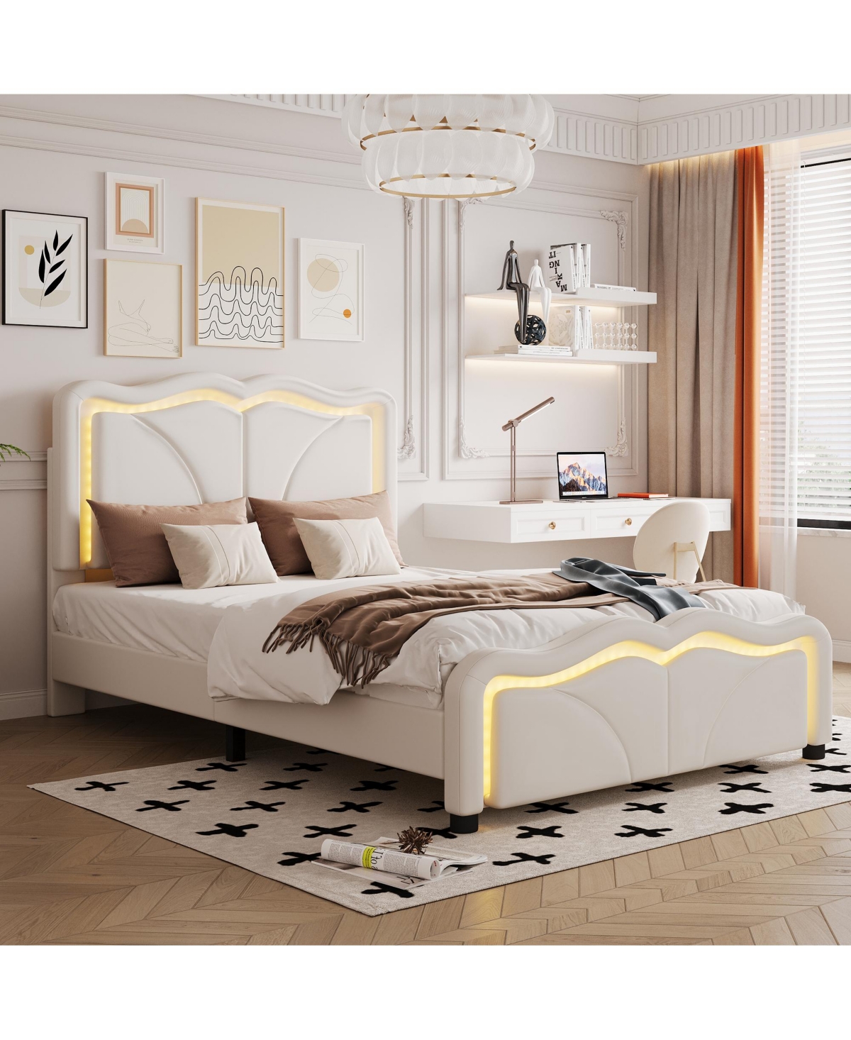 Lovmor Twin Size Upholstered Platform Bed with Curve Shaped and Height-adjustbale Headboard Led Light Strips White