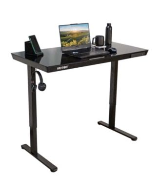 Hi Rise Standing Desk with Drawer, Black Glass Top, 48x24" Desk, Electric Powered Height Adjustment with Two USB Charging Ports