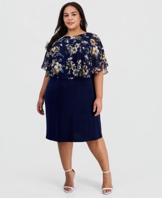 Plus Size Floral- Chiffon Cape-Overlay Dress