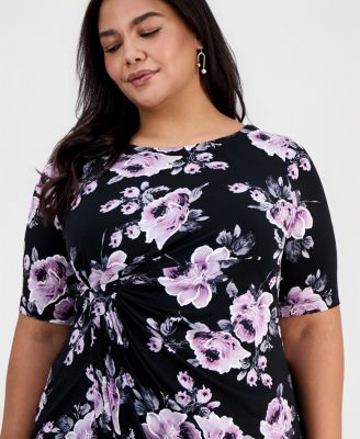 Plus Size Floral Twist-Front Elbow-Sleeve Dress
