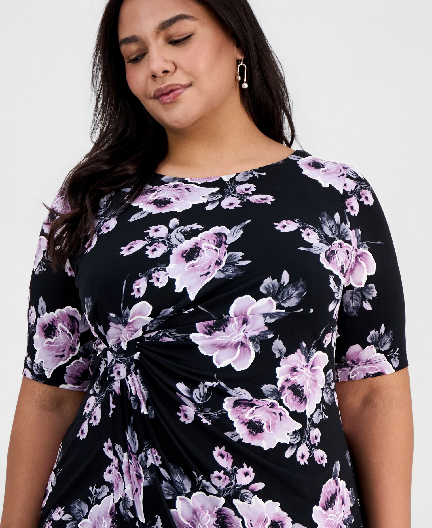 Plus Size Floral Twist-Front Elbow-Sleeve Dress