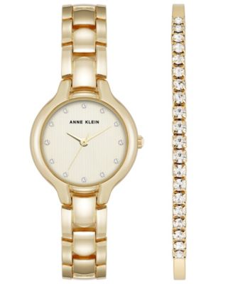 Women's Quartz Crystal Accented Champagne Dial Gold-Tone Alloy Metal Watch Set, 28mm