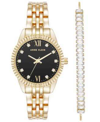 Women's Quartz Crystal Accented Black Dial Round Gold-Tone Alloy Metal Watch Set, 26mm