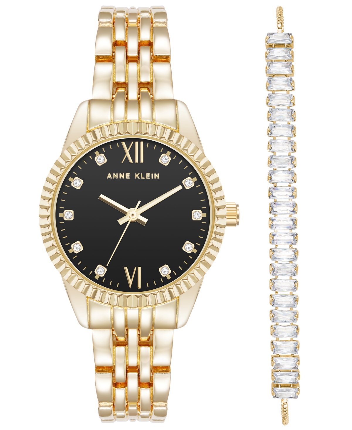 Anne Klein Women's Quartz Crystal Accented Black Dial Round Gold-Tone Alloy Metal Watch Set, 26mm