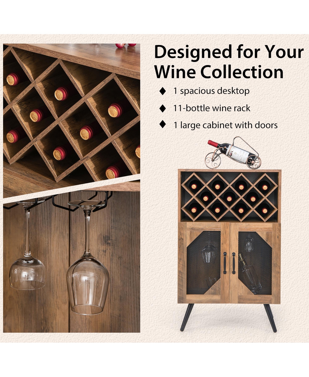 Costway 2-Door Kitchen Storage Bar Cabinet Buffet Sideboard w/ Wine Rack & Glass Holder