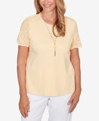 Petite Classic Solid Eyelet Sleeve Top with Necklace