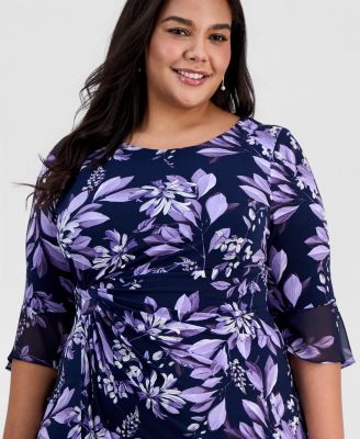 Plus Size Floral Side-Ruched 3/4-Sleeve Dress