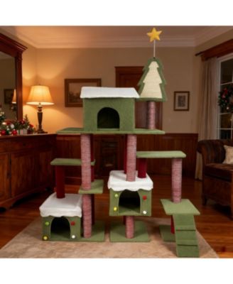 Festive Cat Tree with Star & Snow Designs, Multi-Level Play & Cozy Cabins