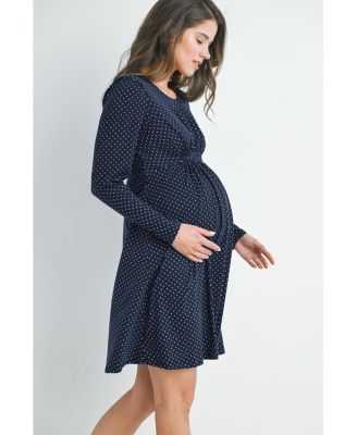 Maternity Long Sleeve Crewneck Polka Dot Dress