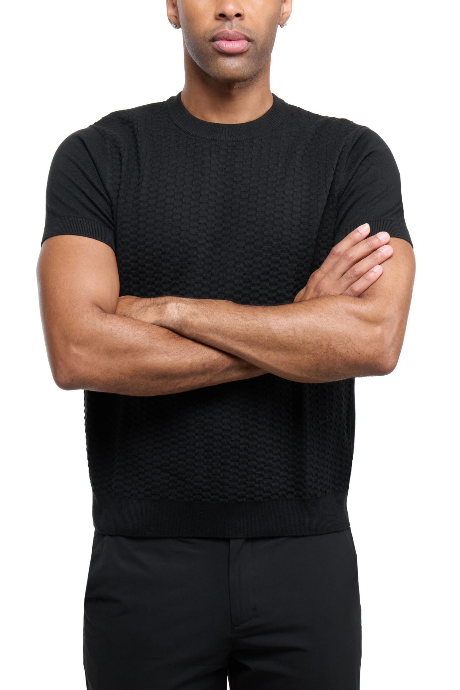 X RAY Men's Crew Rib Neck Checkered Sweater