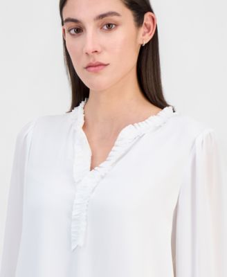 Women's Chiffon Split-Neck Ruffled Blouse