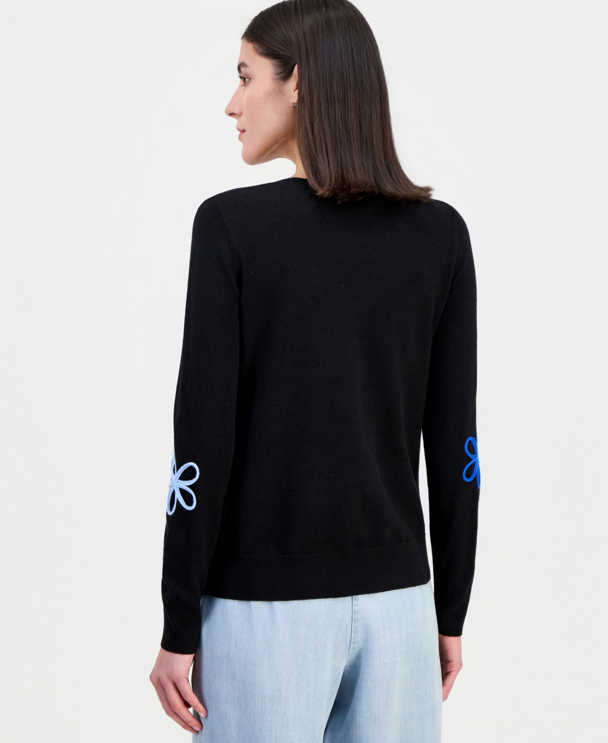 T Tahari Women's Floral-Applique Crewneck Sweater