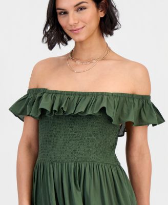 Women's Off-The-Shoulder Flounced Smocked Midi Dress