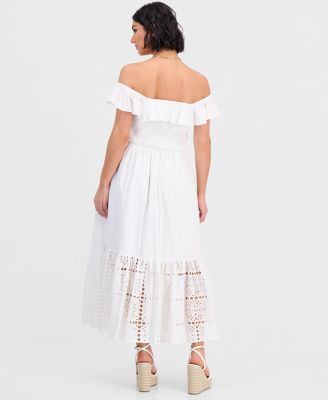 Women's Off-The-Shoulder Flounced Smocked Midi Dress