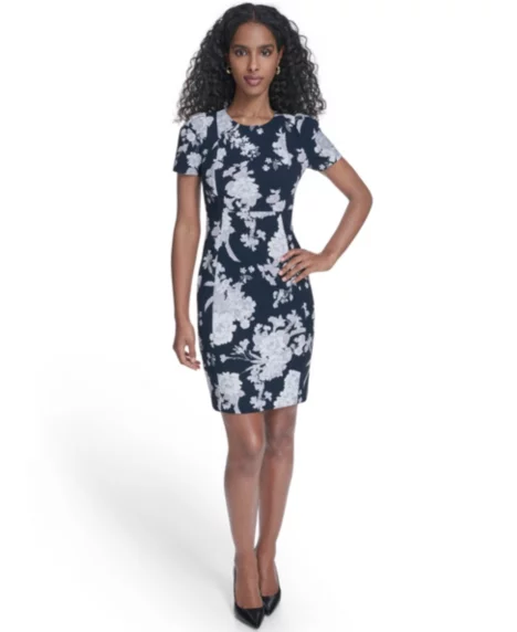 Petite Tulip-Sleeve Jewel Neck Sheath Dress - Indigo Multi