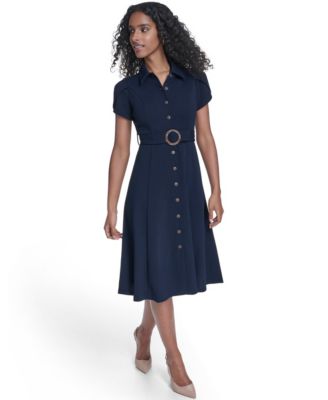 Petite Tulip-Sleeve Belted Crepe Shirt Dress