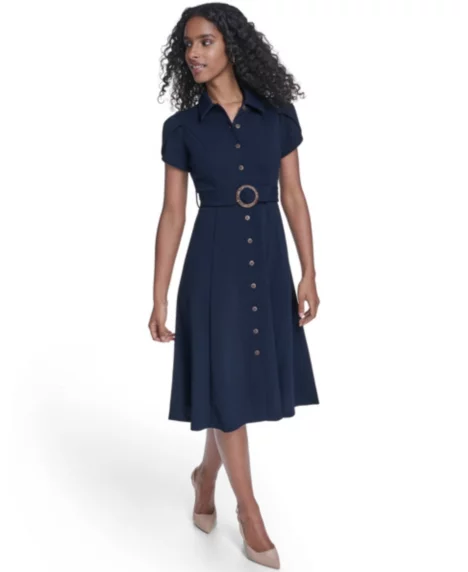 Petite Tulip-Sleeve Belted Crepe Shirt Dress - Indigo