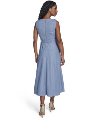 Women's Sleeveless Square Neck Self Sash Midi Dress