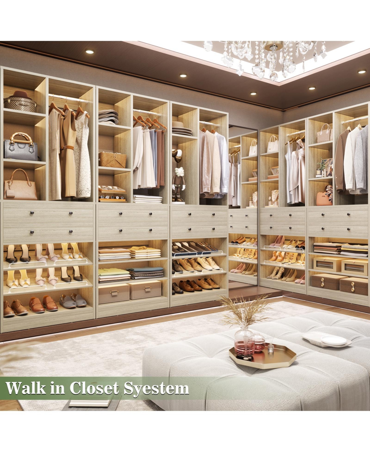 Aheaplus 28'' Freestanding Closet Storage System with 2 Drawers, Tower Hanging Rod, Shelves & Adjustable Shoe Racks