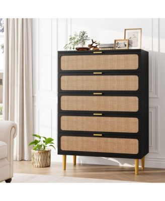 Rattan Dresser with 5 Drawers, Tall Modern Closet with Deep Storage