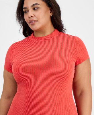 Plus Size Short-Sleeve Mock Neck Midi Dress