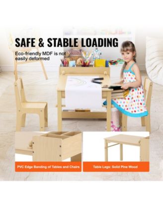 Kids Art Table with 2 Chairs Wood Activity Table with Cabinet for Craft and Learning