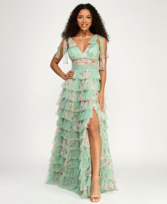 b. darlin wide bow straps v-neckline pearls party skirt dress B Darlin Juniors' Wide Straps Ties V-Neck Gown
