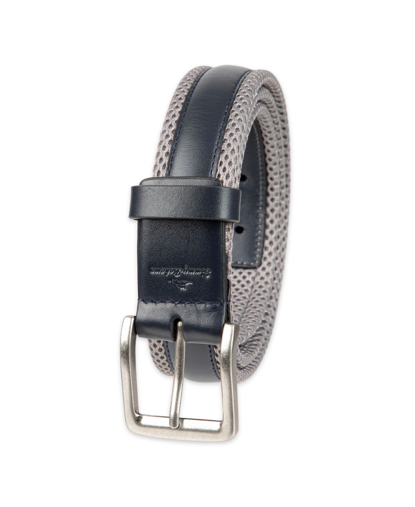 Мужской ремень Tommy Bahama Mesh Cushioned Leather Overlay Stretch Belt, цвет: Тёмно-синий / Серый — фото 2