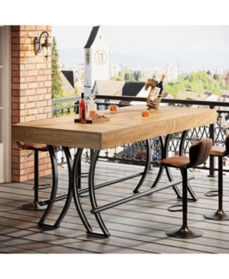 63" Counter Height Dining Table with Metal Footrest, Rectangular Tall Kitchen Bar Table, Natural