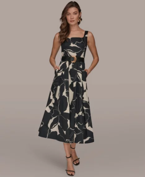 Petite Sleeveless Belted Midi A-Line Dress - Black/Parchment