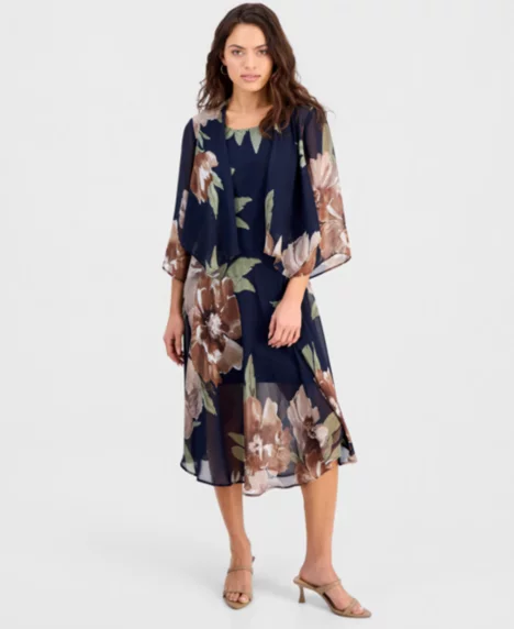 Petite Floral Chiffon Jacket Dress - Navy.brown