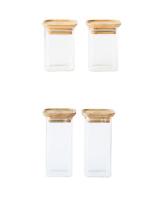 Square Glass Bamboo Canisters for Spice Herbs, Set of 4