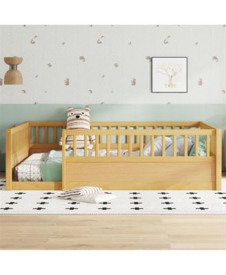 Montessori Wooden Floor Bed with Safety Fence Kids Low Profile Play Bed Frame for Bedroom & Playroom