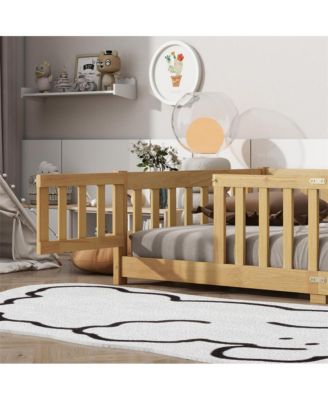 Twin Size Floor Bed with Safety Fence & Door Rubber Wood Kids Bed for Compact Rooms