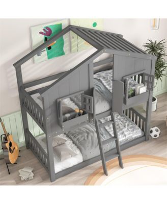 Twin over Twin House Bunk Bed with Roof Window Door & Safety Guardrails Playful Wooden Loft Bed for Kids