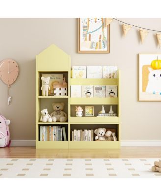 Yellow Wooden Kids Bookshelf with 6 Compartments for Books