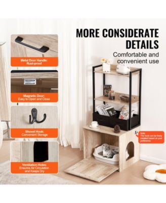 Wooden Litter Box Enclosure with Storage Shelves & Baskets, Natural