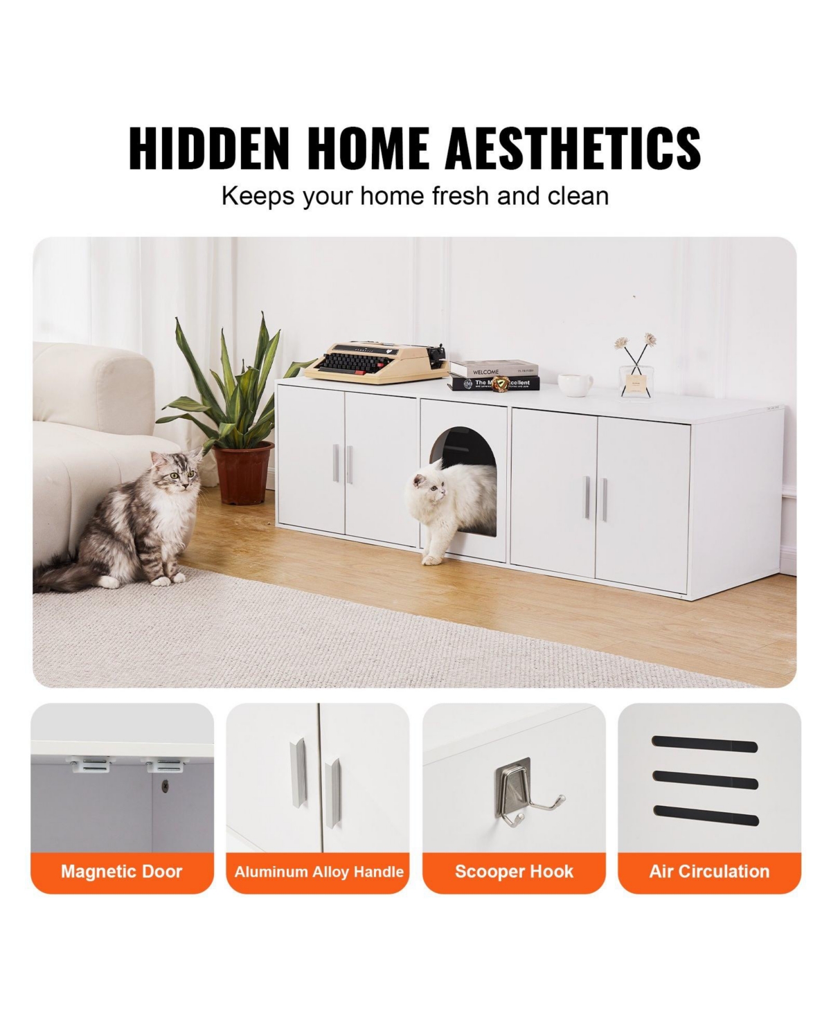 Cozito Extra-Long Wooden Litter Box Enclosure, 57.9", White