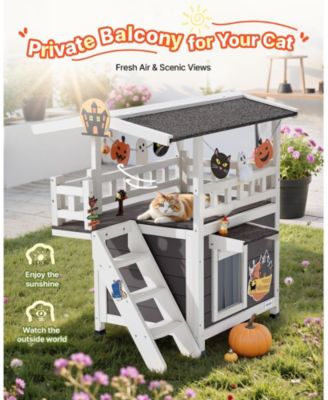 30" 2-Story Wooden Outdoor Cat House with Balcony & Stairs