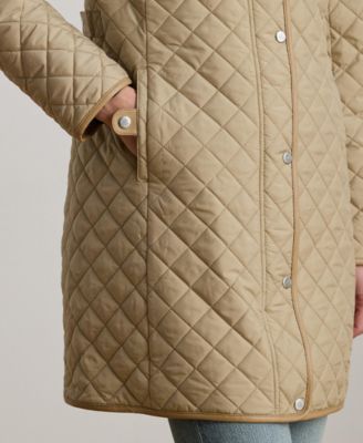 Womens Hooded Quilted Faux-Suede-Trim Coat