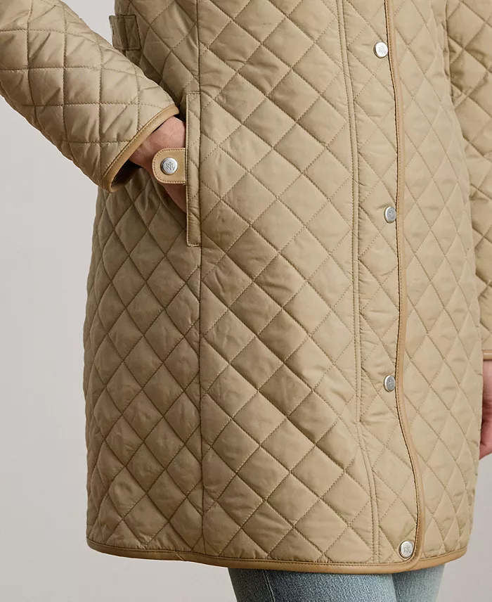 Womens Hooded Quilted Faux-Suede-Trim Coat - thumbnail 3
