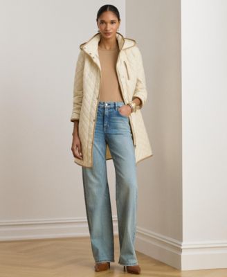 Womens Hooded Quilted Faux-Suede-Trim Coat