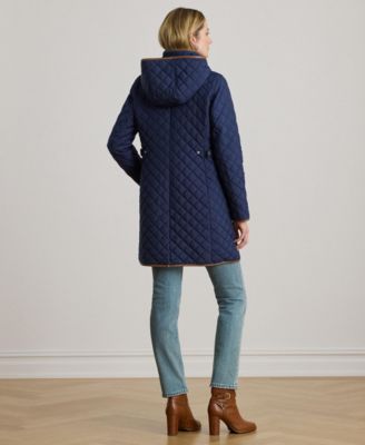 Womens Hooded Quilted Faux-Suede-Trim Coat