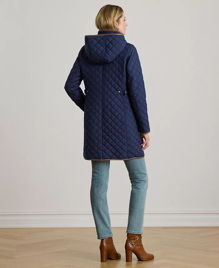 Womens Hooded Quilted Faux-Suede-Trim Coat - thumbnail 9