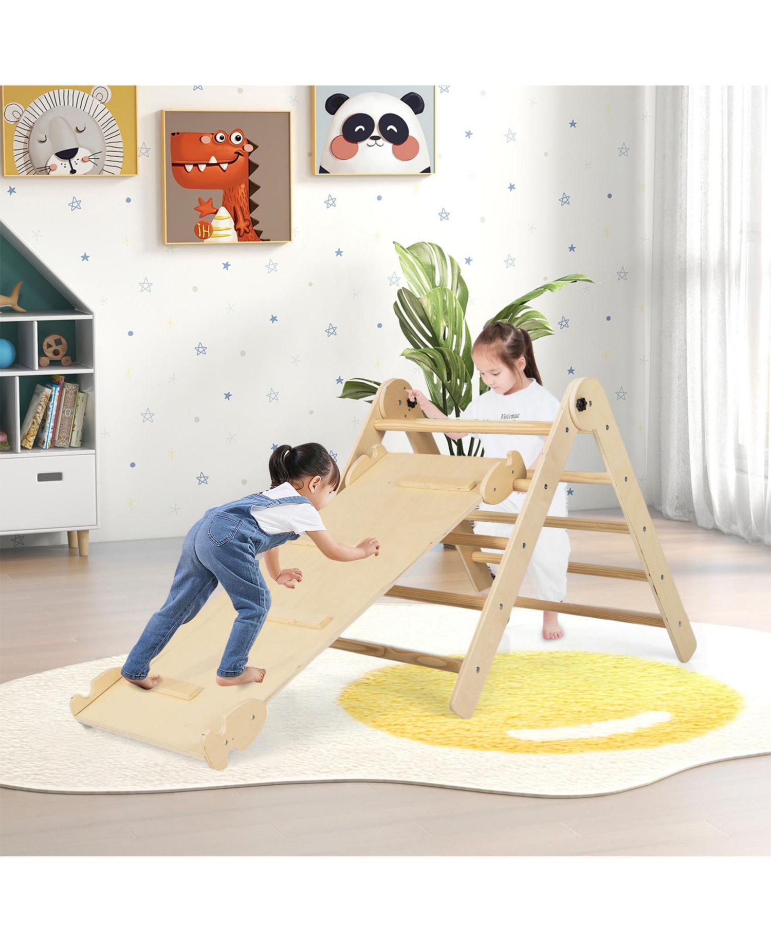 3-in-1 Climbing Set Foldable and Adjustable Kids Triangle Set-Natural