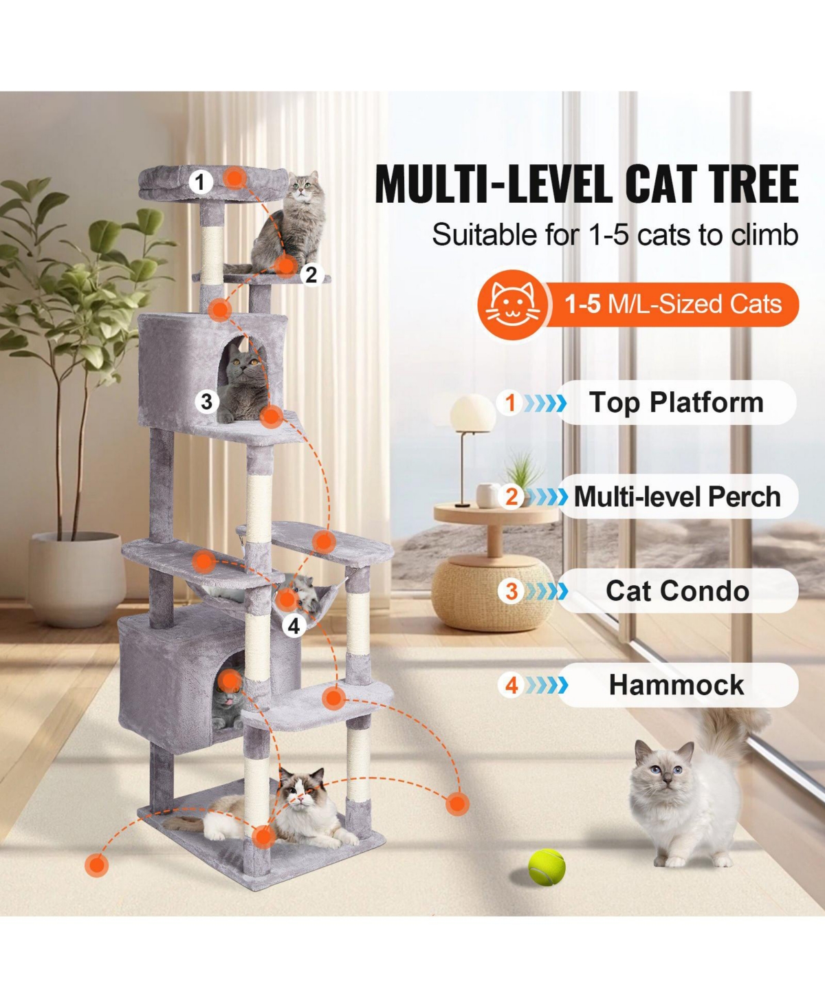 Cozito 72" Multi-Level Cat Tree with 2 Condos, Light Gray