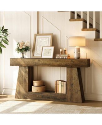 63" Farmhouse Console Table with Storage, Rustic Long Sofa Table for Entryway & Behind Couch, Narrow Hallway Table